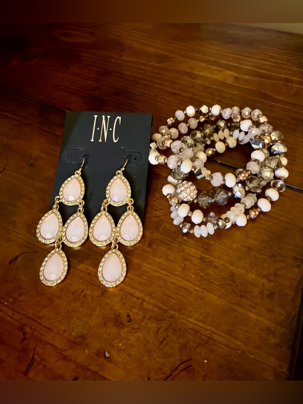 Earrings & Bracelet Stack Set. Blush Pink Teardrops. Gold Tone.